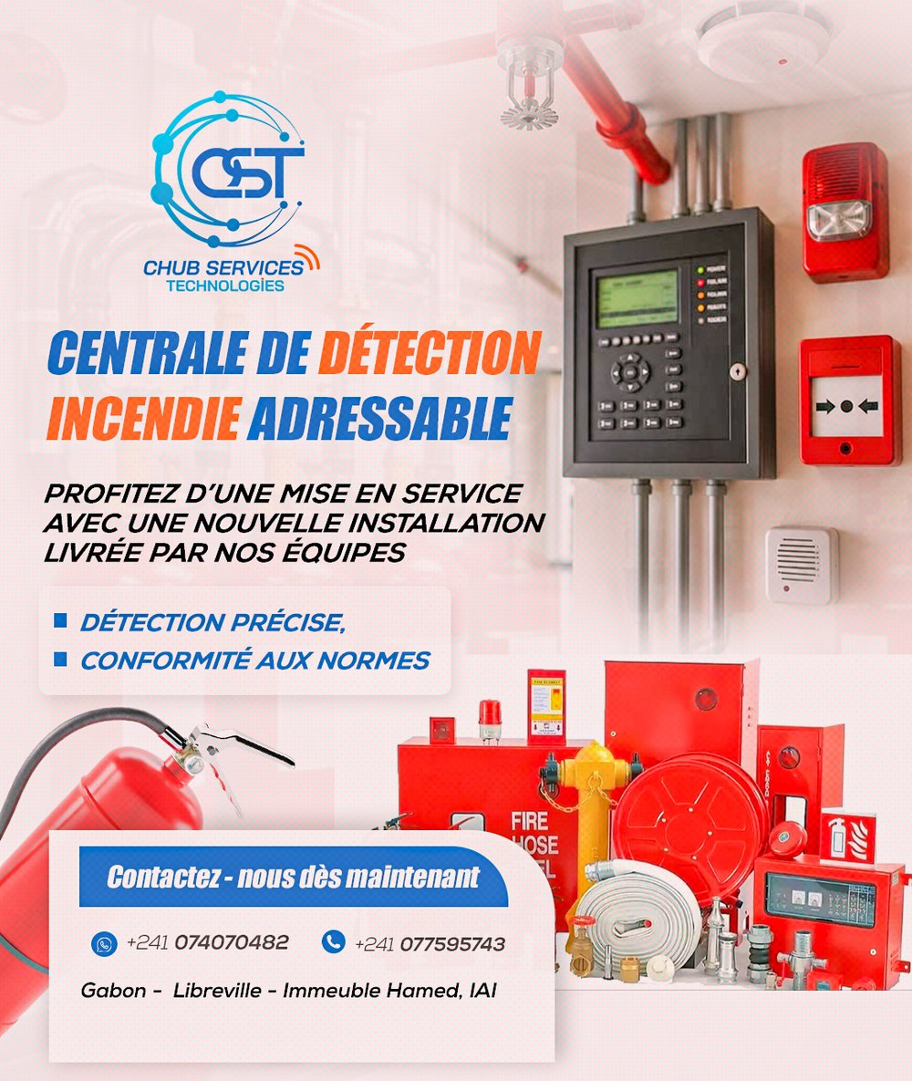 Centrale de détection incendie adressable installée par CHUB Services Technologies